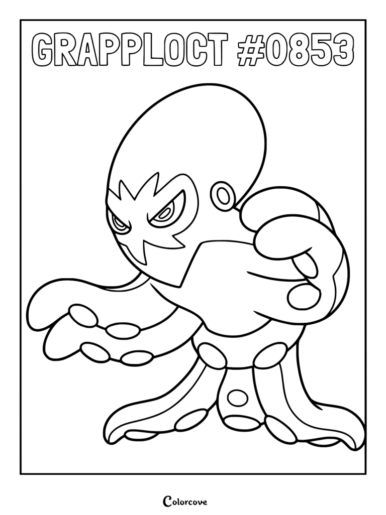 Grapploct #0853 in a fighting stance with tentacles extended, printable coloring page illustration.