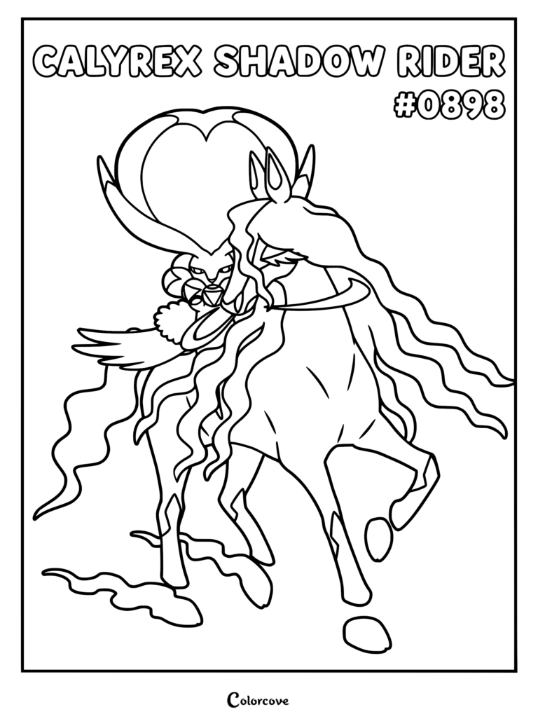 Calyrex Shadow Rider Pokemon Galar coloring page featuring the Legendary Pokemon atop its steed with flowing mane and crown.