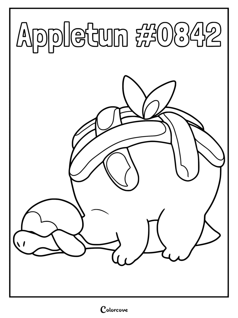 Printable Appletun #0842 Pokemon Galar line art coloring page featuring the apple-shaped dragon creature with two leaves on its back.