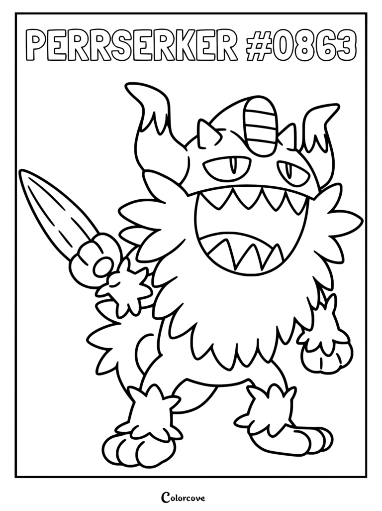 A detailed coloring page of the Viking-themed Pokemon Perrserker #0863, featuring its signature metal helmet and blade-like claw.