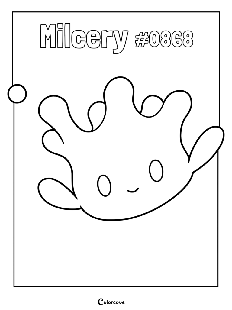 A printable coloring page featuring the Galar region cream Pokemon Milcery, showcased as a simple black and white line art drawing with its name and Pokedex number header.