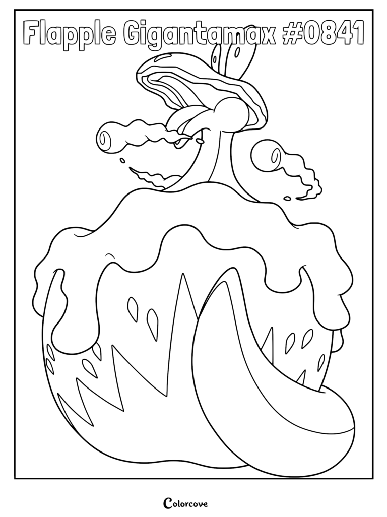 Gigantamax Flapple #0841 from the Galar region depicted as a line art coloring page with a massive apple base and protruding neck.
