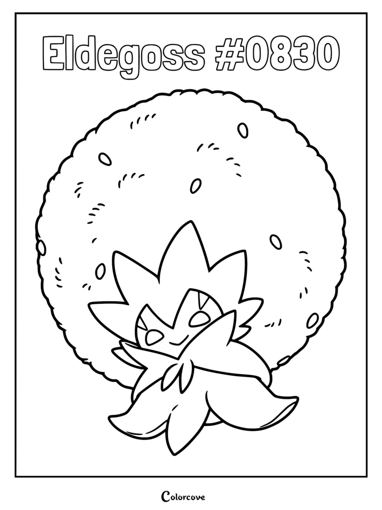 Printable Eldegoss Pokemon Galar line art coloring page featuring the fluffy, dandelion-like Grass-type character.
