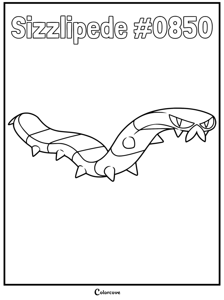 A Sizzlipede Pokemon Galar printable coloring page featuring the centipede-like creature with sharp fangs and segmented body.