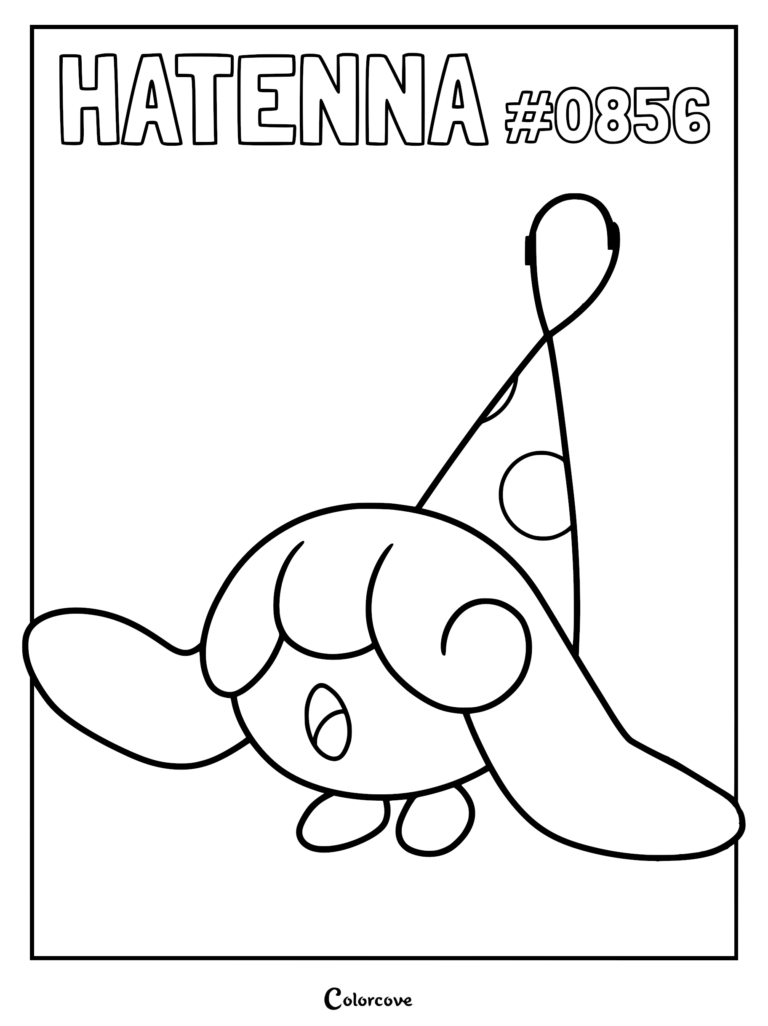 A printable coloring page featuring the Galar region Pokemon Hatenna with its signature tall cone-shaped hat and wide, rounded appendages.