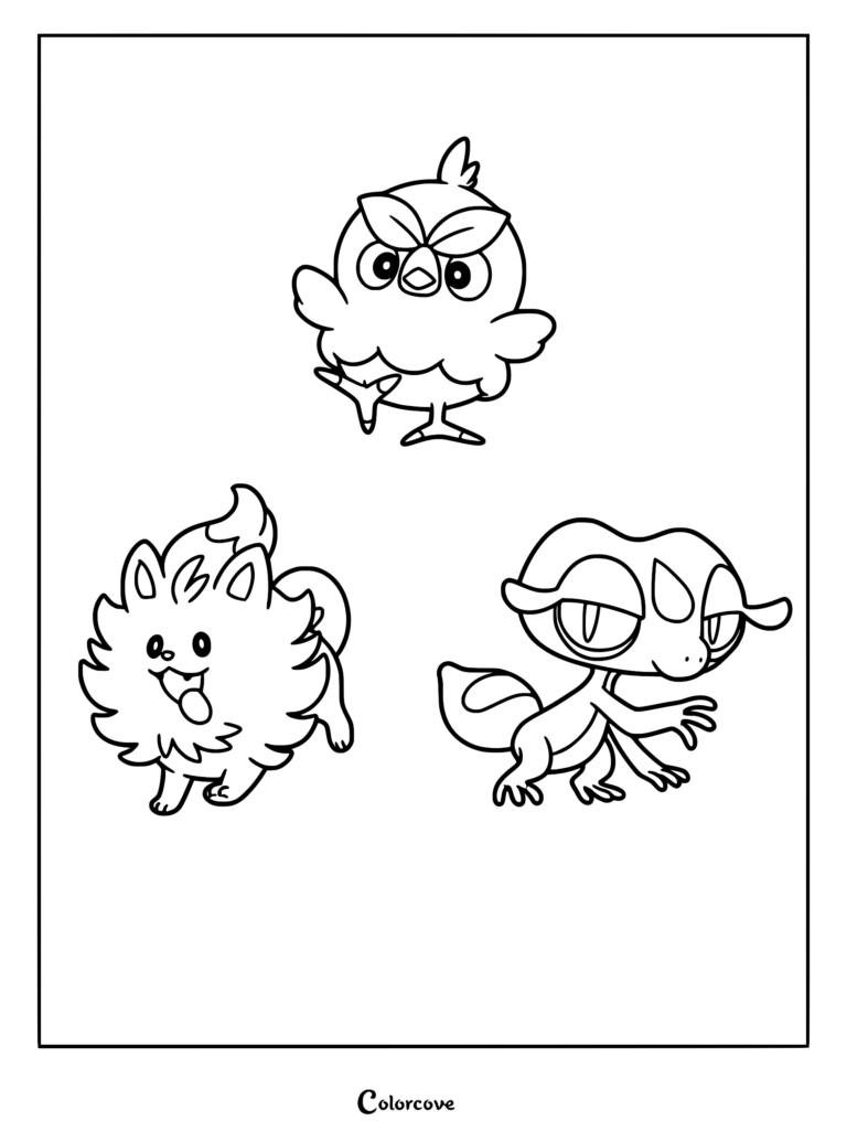 Free printable coloring page featuring the three Pokemon Gen 10 starter characters, Browt the Grass bird, Pombon the Fire puppy, and Gecqua the Water gecko, standing together.