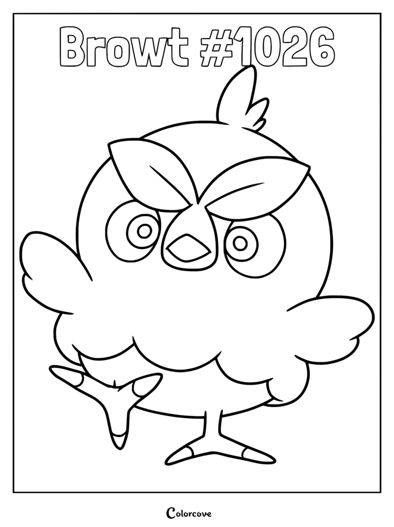 Printable Grass starter Pokemon Browt coloring sheet, showing the bird Pokemon standing calmly on one leg with a leaf crown.