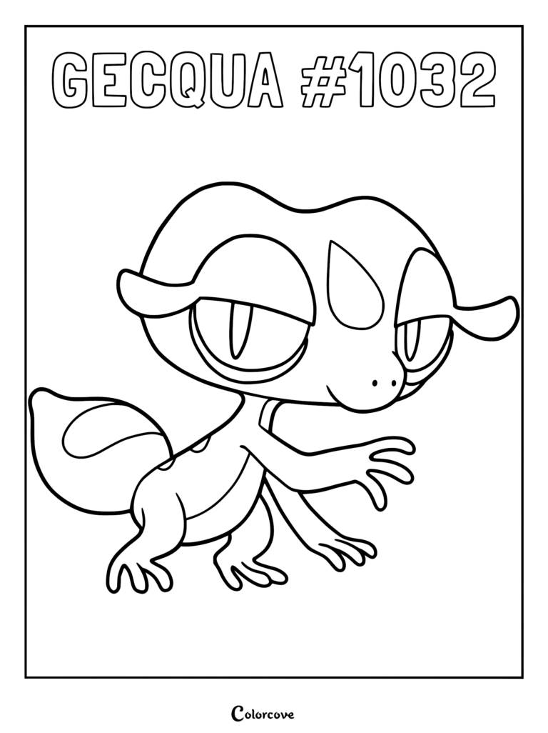 Water-type starter Pokemon Gecqua coloring page, showing a cool gecko Pokemon with bubble patterns standing alertly.