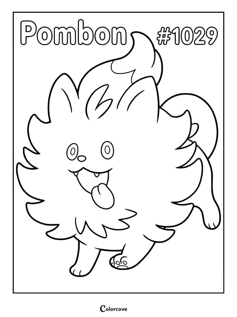 Fire starter Pokemon Pombon coloring page, showing a cute fluffy puppy Pokemon smiling with its tongue sticking out.