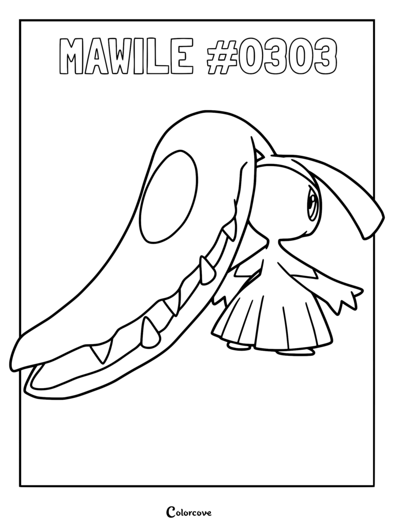 Mawile #0303 standing with its large jaw-like horn behind its head in this printable coloring page.