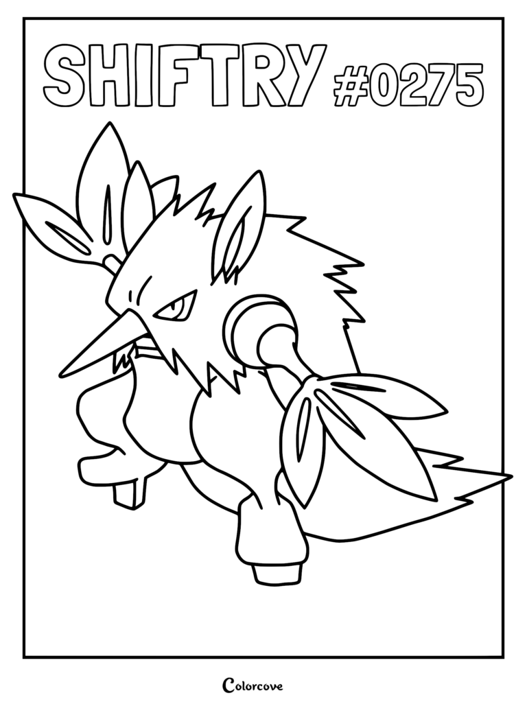 Shiftry #0275 from Pokemon Hoenn standing in a dynamic pose, featured on a printable coloring page with leaf-like hands.