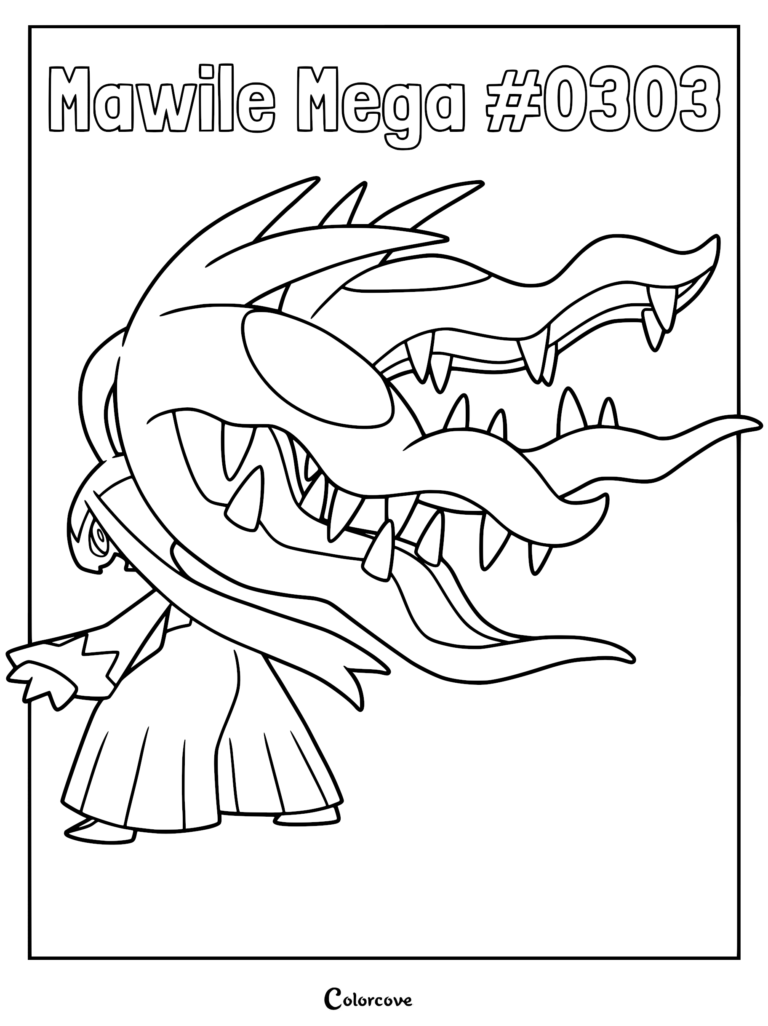 Mega Mawile coloring page featuring the Hoenn Pokemon with its dual massive jaws open wide.