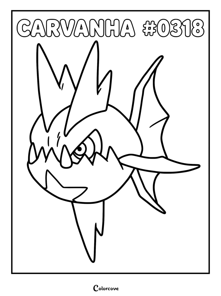 A printable coloring page featuring the Hoenn Pokemon Carvanha #0318 with its sharp teeth and spiky fins.