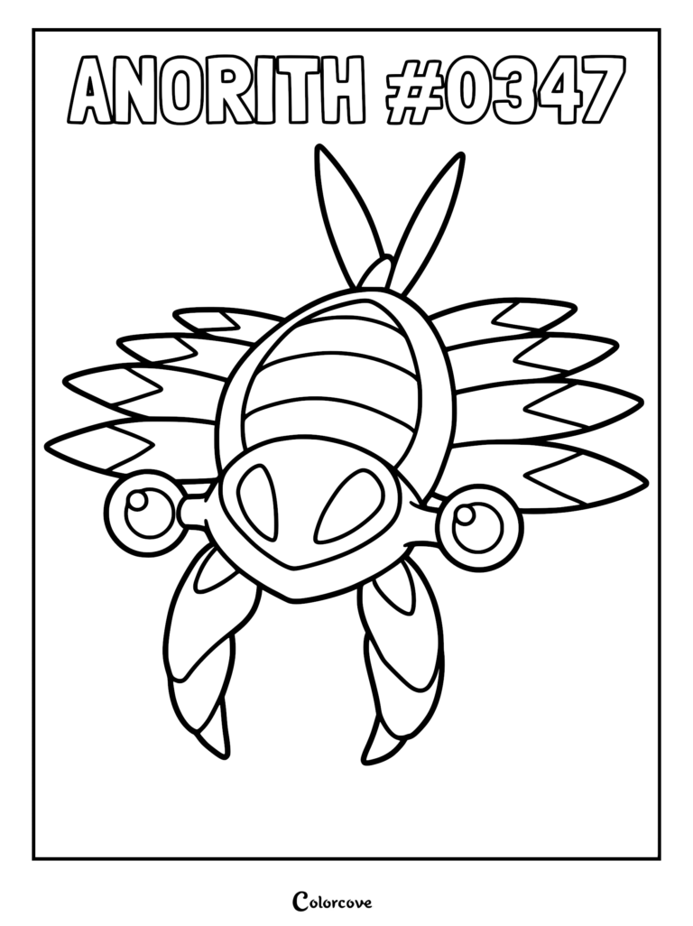 Anorith Pokemon coloring page featuring the fossil creature with its distinct segmented shell, claw-like appendages, and stalked eyes.
