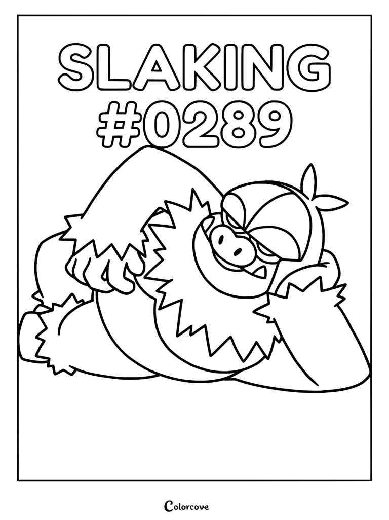 Slaking from Pokemon Hoenn resting on its side in this printable coloring page with bold outlines.