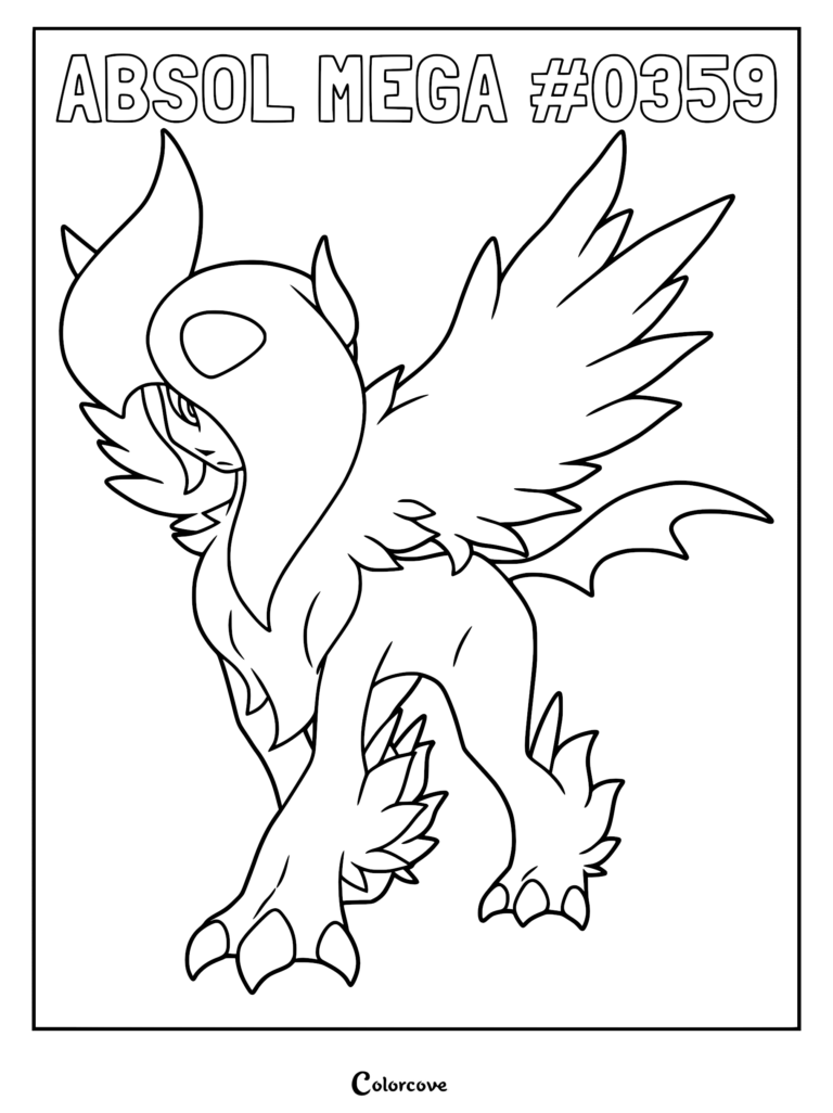 Mega Absol with large wings and sickle-shaped head horn in this printable coloring page.