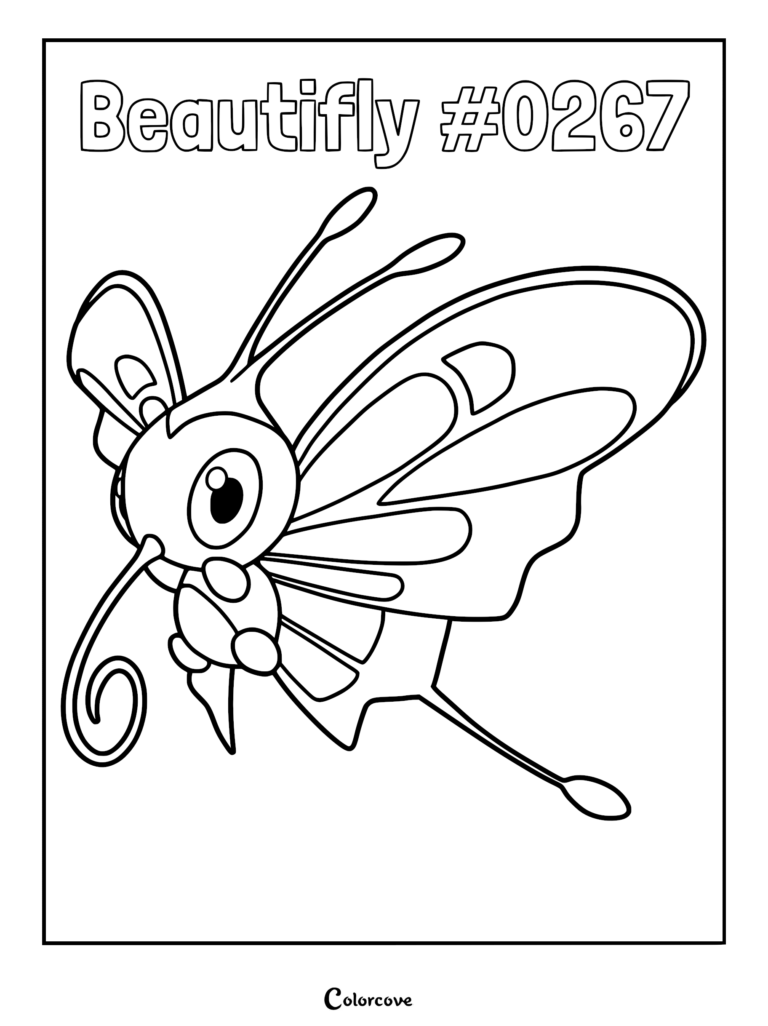 A printable coloring page featuring Beautifly #0267 with its large wings and long proboscis.