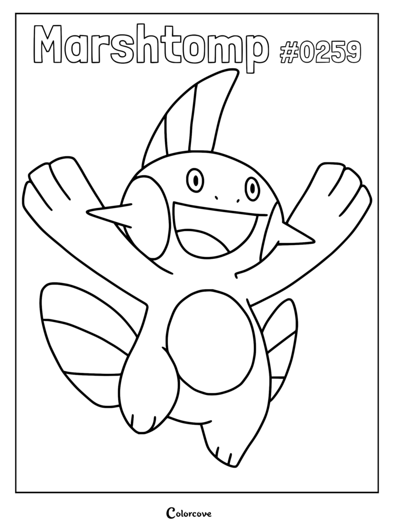 A printable coloring page featuring the Hoenn Pokemon Marshtomp #0259 with its arms raised in a cheerful pose.