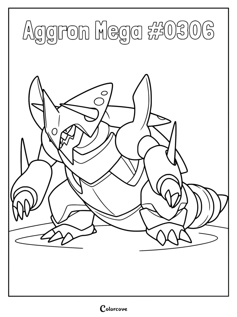 Mega Aggron coloring page featuring the armored Pokemon with sharp horns and metallic plating in a dynamic stance.