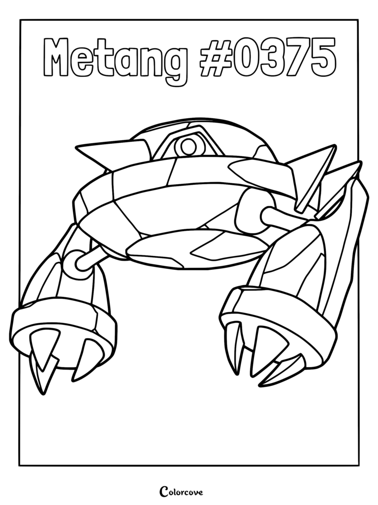A detailed Metang #0375 coloring page featuring the steel-type Pokemon with its signature metallic claws and central eye.