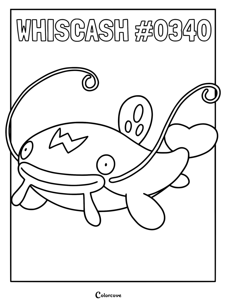 Whiscash #0340 Pokemon coloring page featuring the catfish-like creature with long whiskers and a lightning bolt mark on its forehead.