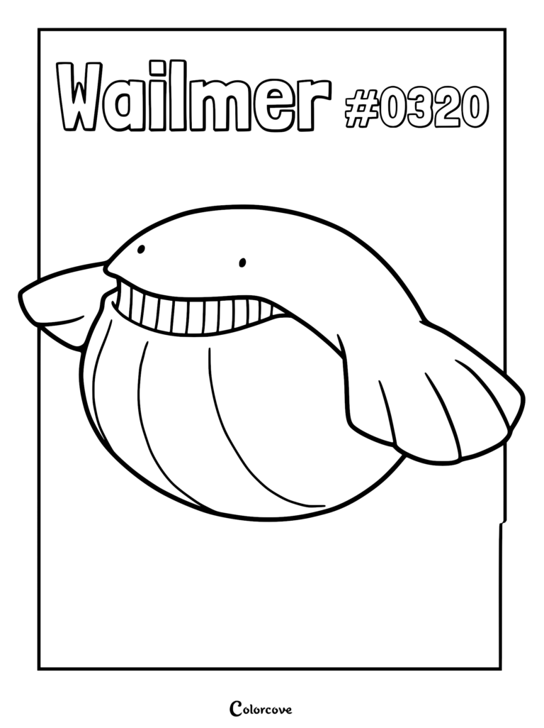 A printable coloring page featuring the spherical Water-type Pokemon Wailmer #0320 with its signature wide smile and flippers.