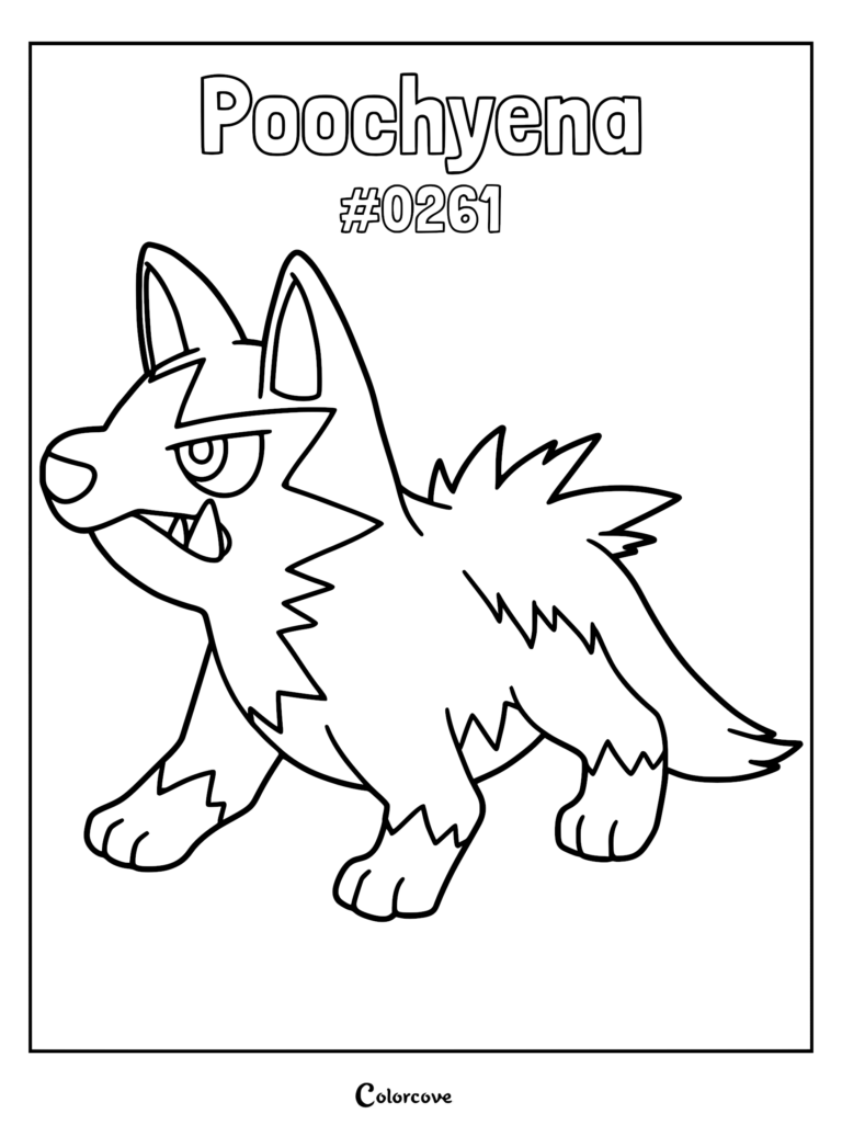 Poochyena coloring page featuring the Hoenn region Pokemon standing in a side profile view with sharp fangs and spiky fur.