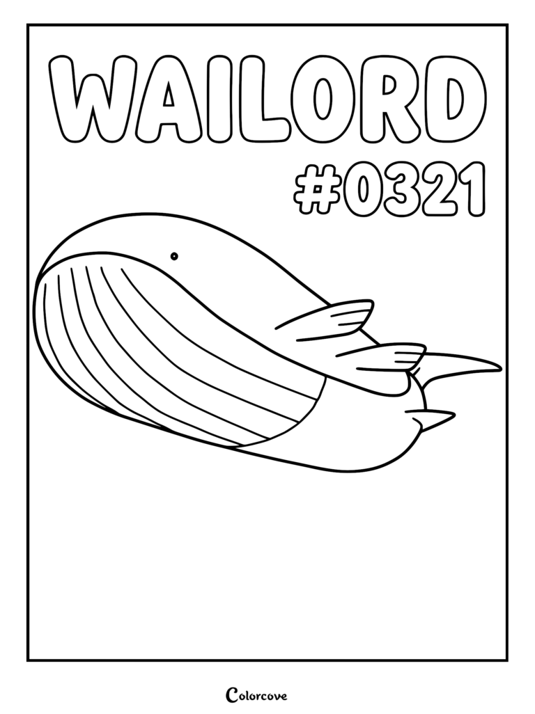 A simple line art coloring page of the Hoenn Pokemon Wailord, featuring its large whale-like body and Pokedex number 0321.