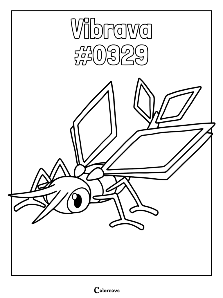 A printable coloring page featuring the Hoenn Pokemon Vibrava with its distinct diamond-shaped wings and long antennae.