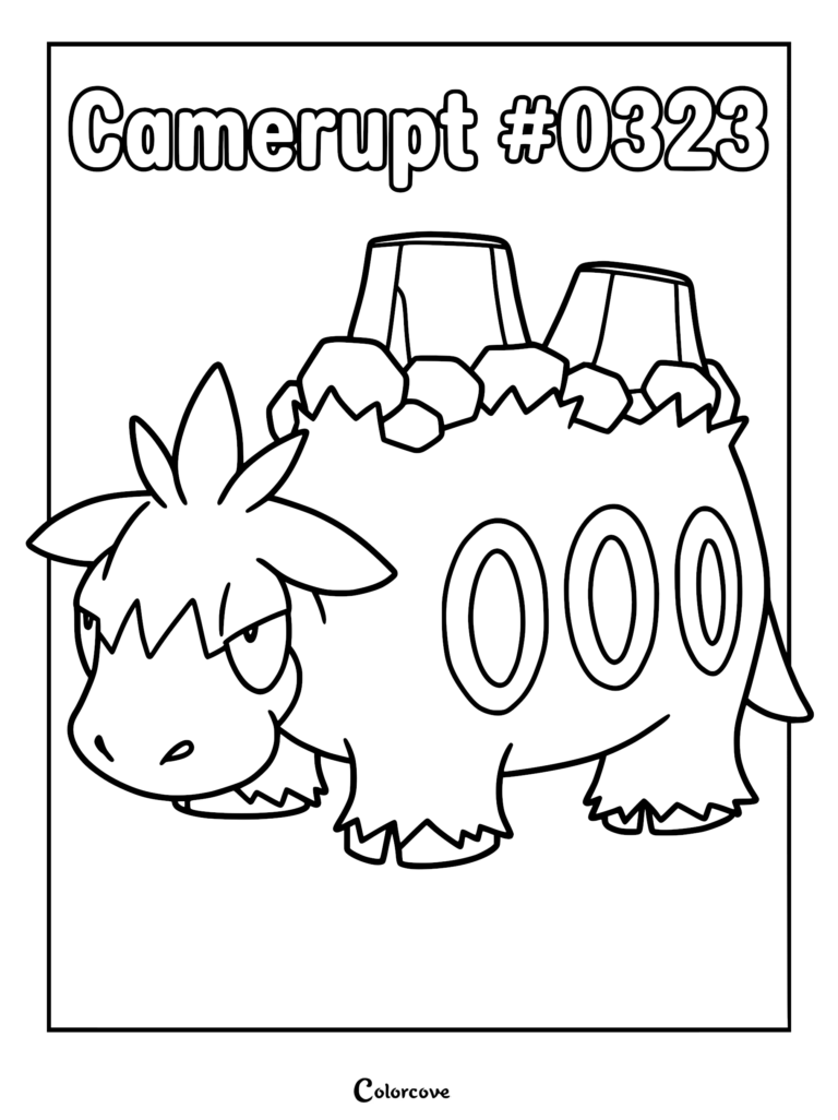 A printable coloring page featuring Camerupt #0323 with its signature volcanic humps and circular side markings.