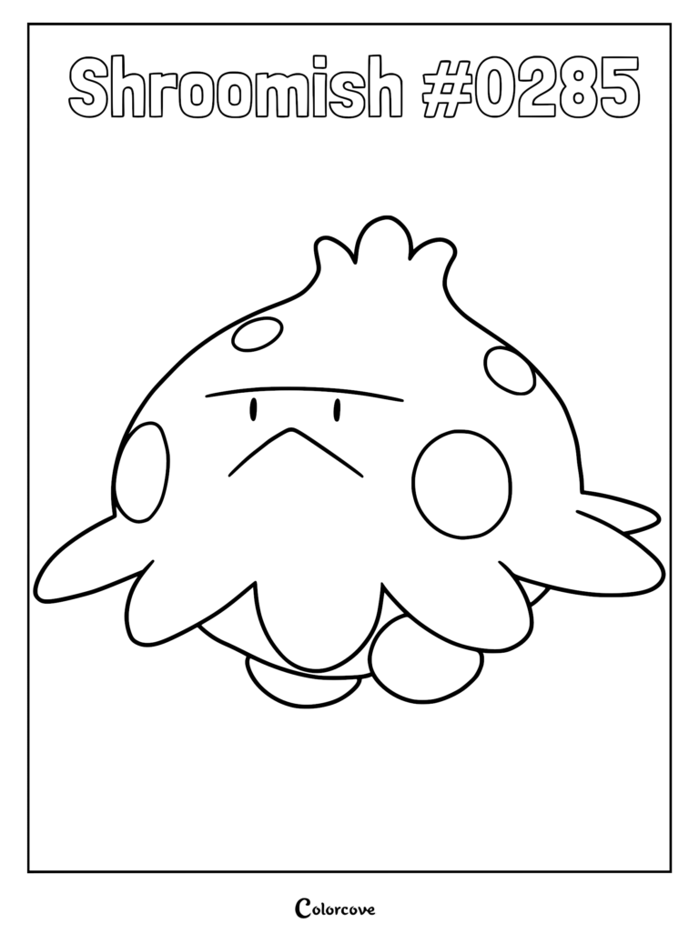 A printable coloring page featuring the Hoenn Pokemon Shroomish with its signature mushroom cap and spotted pattern.