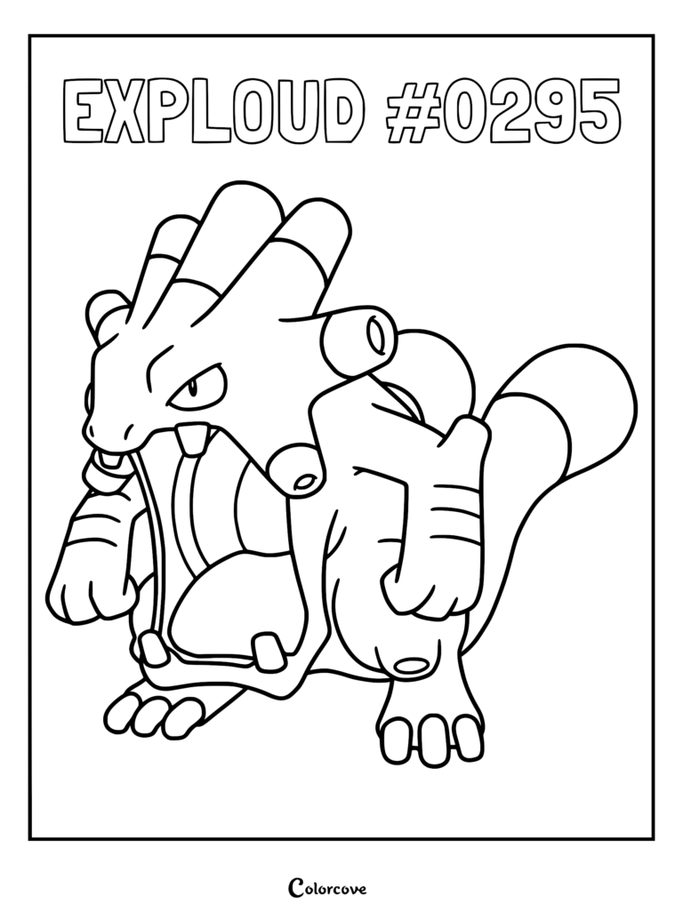 Exploud Pokemon #0295 with its mouth wide open in a roaring pose, line art coloring page.