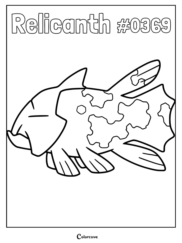 A printable coloring page featuring the ancient fish Pokemon Relicanth with its distinct rocky, spotted pattern.