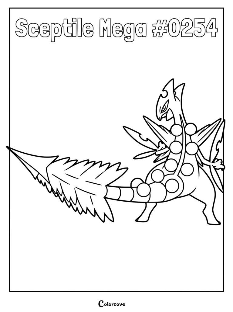 Mega Sceptile #0254 with a large leaf-shaped tail and seed pods on its back in a printable coloring page format.