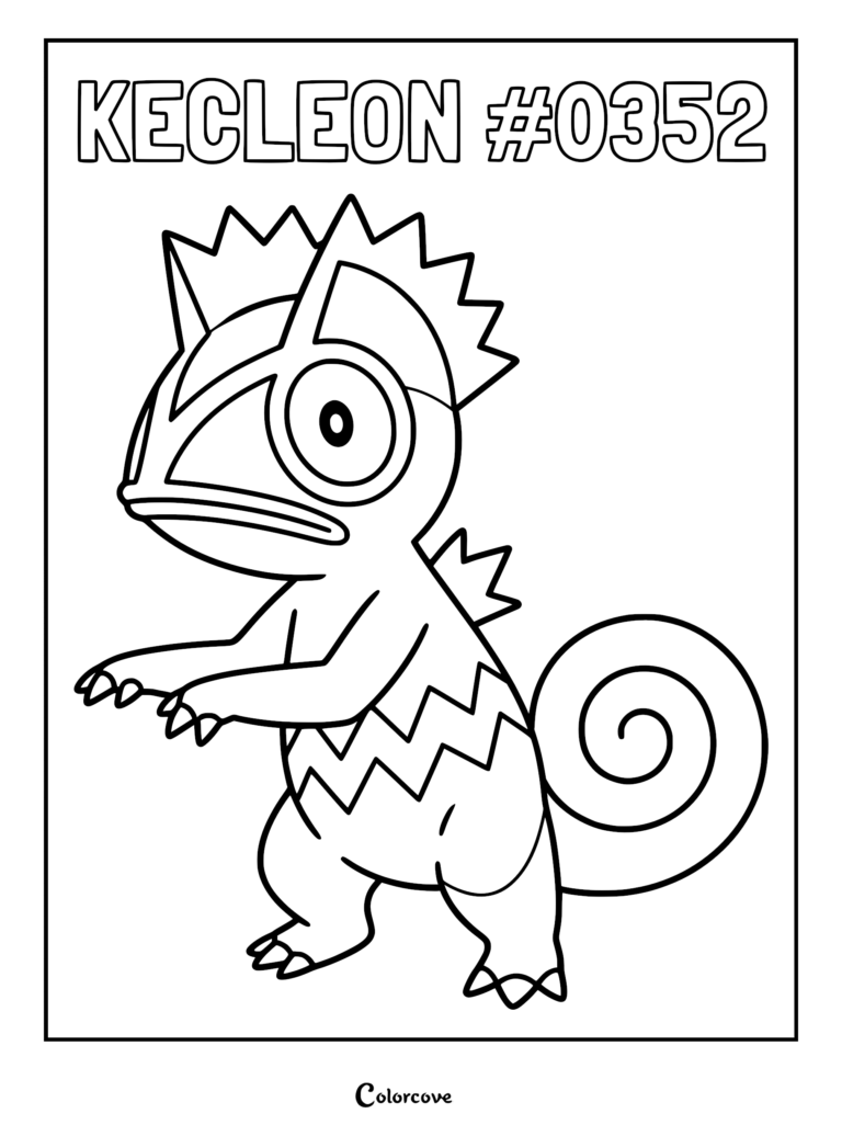 Kecleon #0352 standing in a side profile view with its signature zigzag belly pattern and curled tail on a printable coloring page.