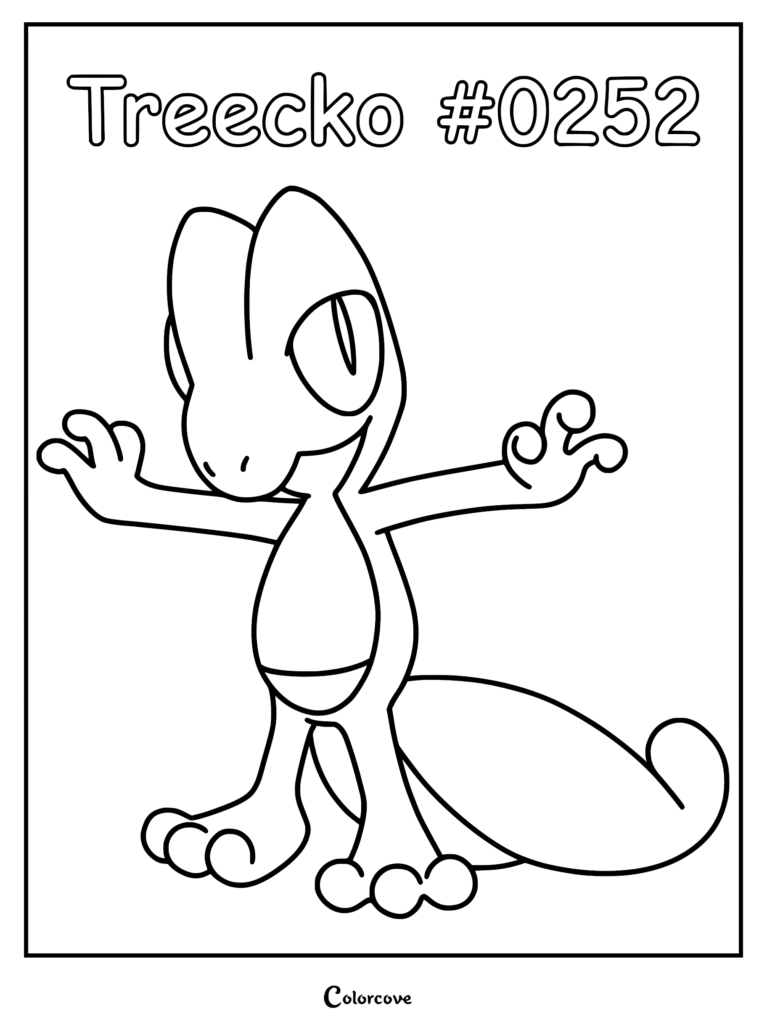 Treecko #0252 standing with arms outstretched in this printable Pokemon coloring page. (Test Restore)