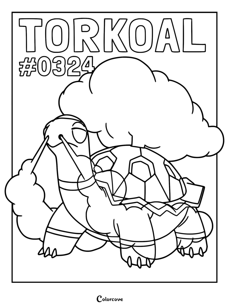 Torkoal #0324 Pokemon coloring page featuring the fire-type turtle emitting large clouds of smoke from its shell and nostrils.