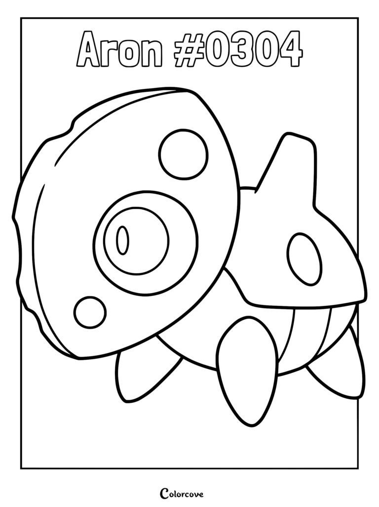 Aron #0304 Pokemon Hoenn coloring page featuring the steel-type creature with its signature armored head and circular eye markings.