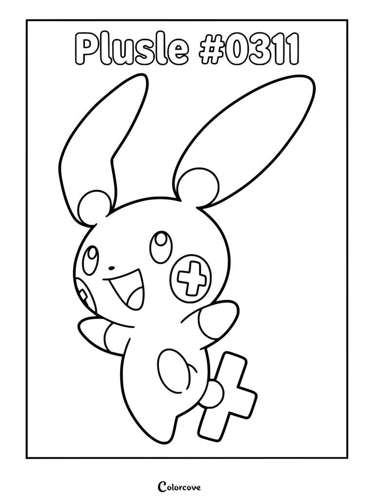 Plusle Pokemon #0311 line art coloring page featuring the electric rabbit with a plus sign on its cheek and tail.