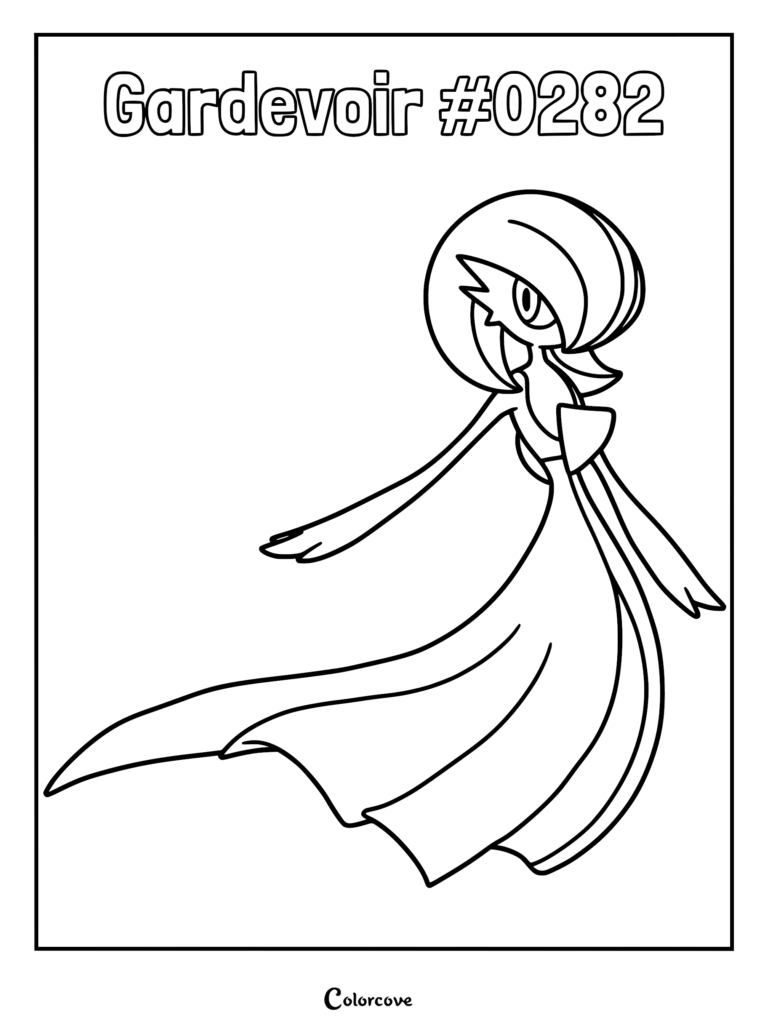 A black and white line art coloring page of the Pokemon Gardevoir #0282, featuring its elegant gown-like body and distinct head crest.