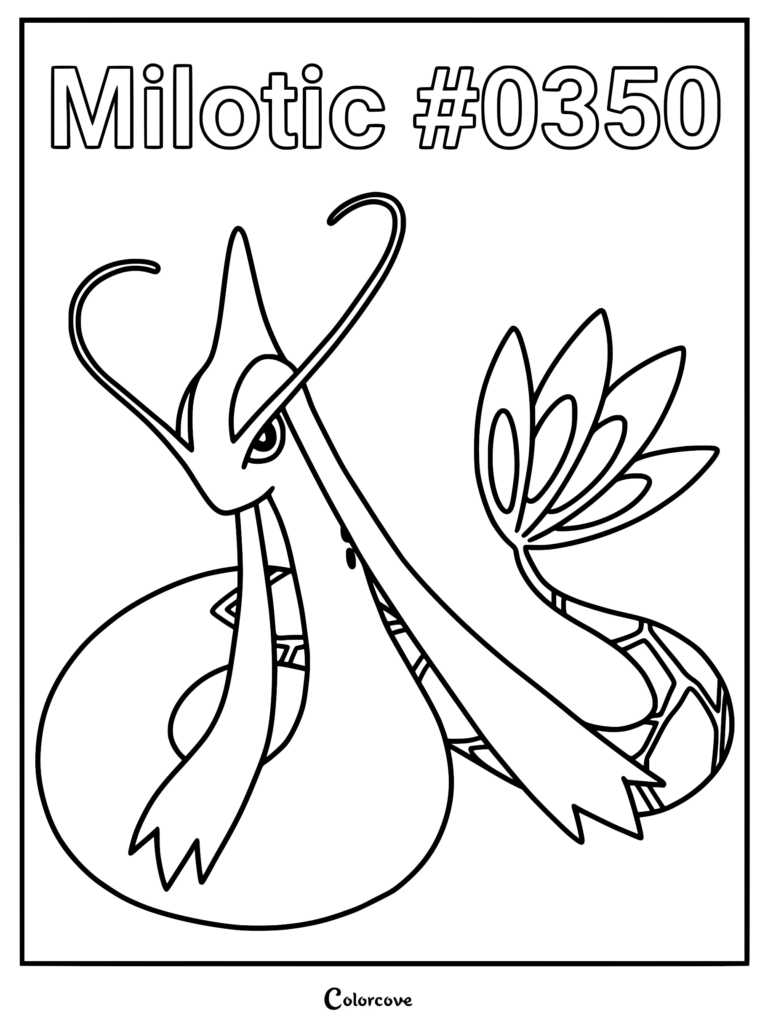 Milotic #0350 Pokemon Hoenn coloring page featuring the elegant serpent-like creature with long antennae and a fan-shaped tail.