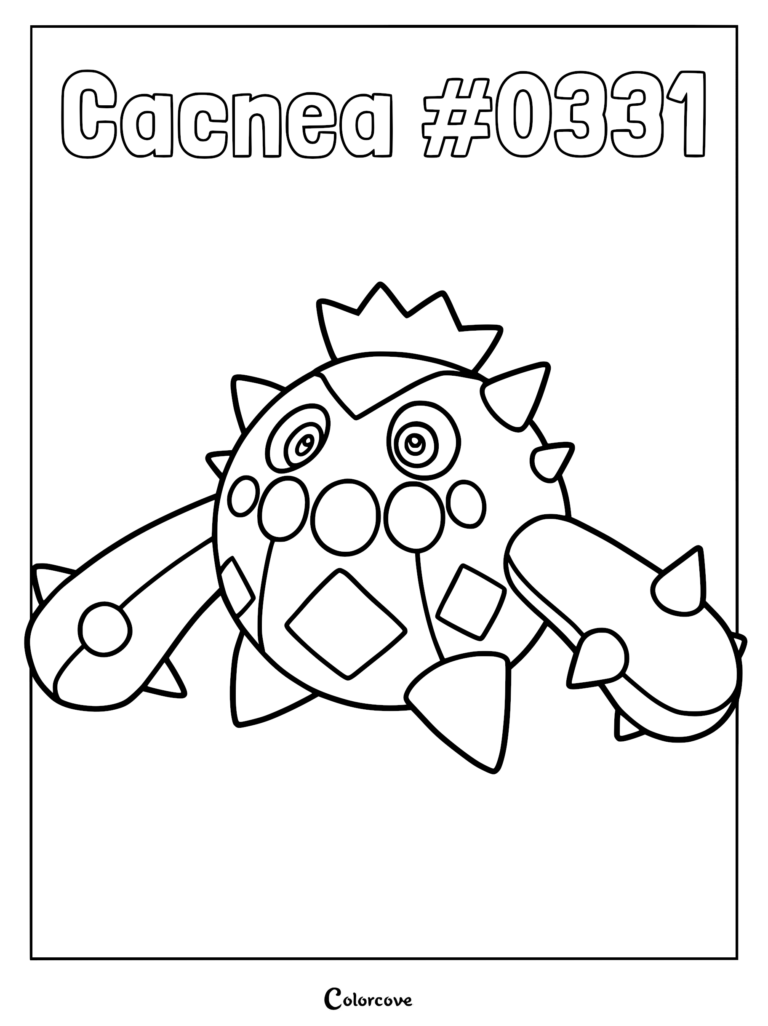 A printable coloring page featuring the Hoenn Pokemon Cacnea #0331 with its signature cactus-like body, diamond markings, and spiked arms.