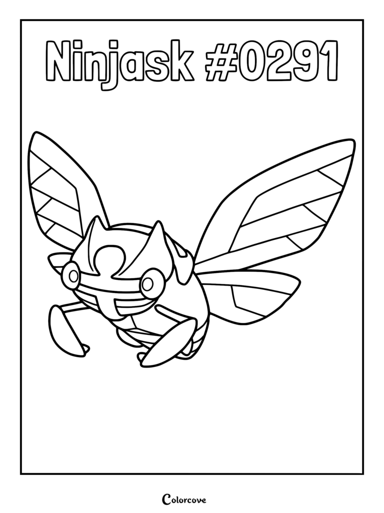 A detailed Ninjask #0291 coloring page featuring the bug-type Pokemon with large wings and sharp claws in a dynamic pose.