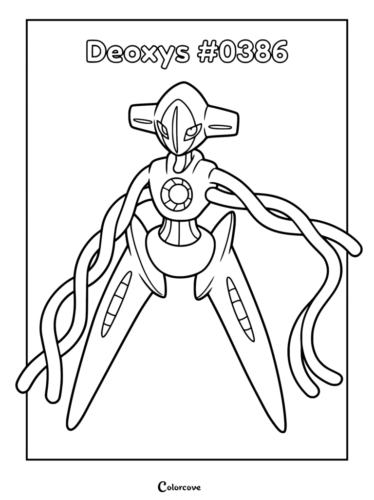 Deoxys #0386 standing in a neutral pose with long tentacle-like arms, line art coloring page.