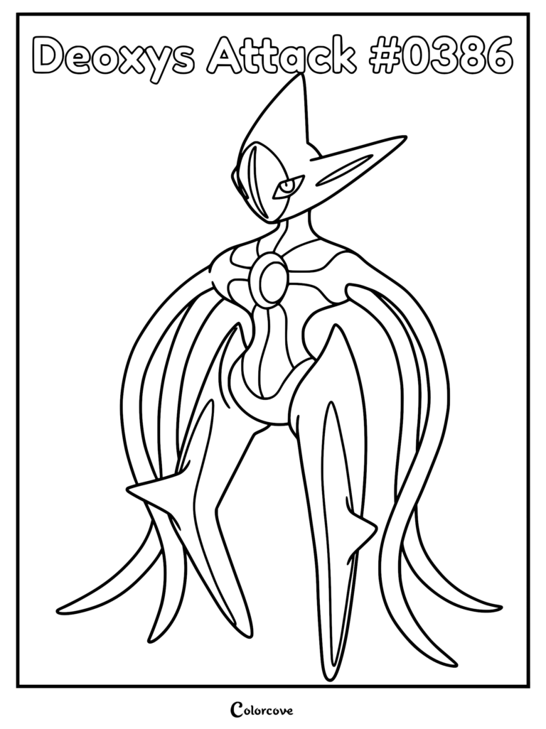 Deoxys Attack Forme #0386 standing in a powerful pose, detailed line art coloring page.