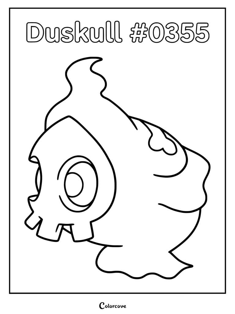 A printable coloring page featuring the ghost-type Pokemon Duskull #0355 with its signature skull mask and single glowing eye.