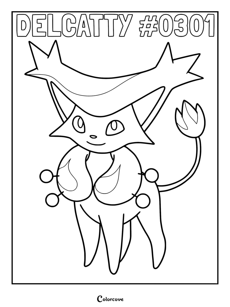 A printable coloring page featuring the Hoenn Pokemon Delcatty #0301 with its signature crescent-shaped ears and floral tail.