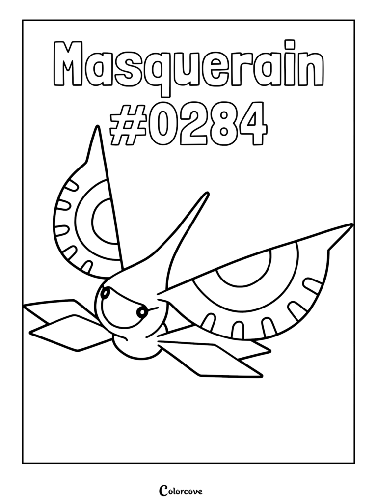 Masquerain #0284 Pokemon Hoenn coloring page featuring the bug-type creature with large eye-patterned wings.