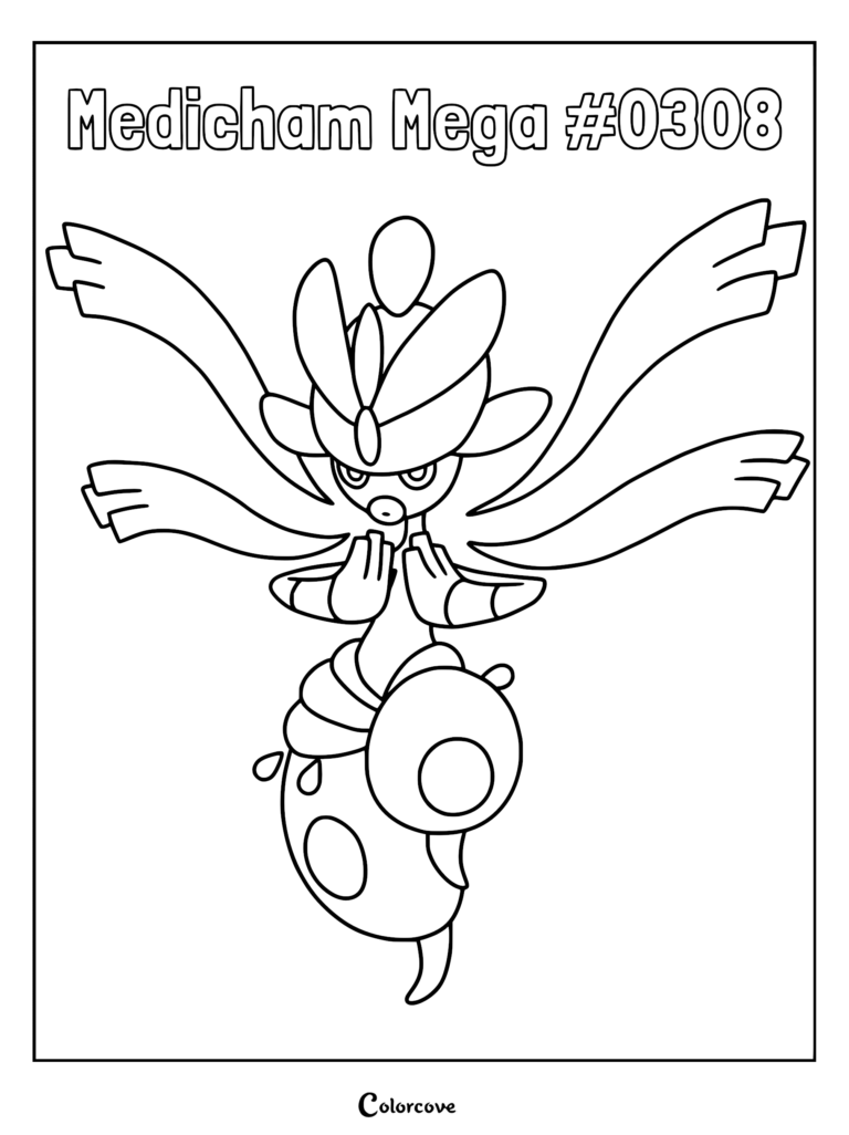 Mega Medicham in a meditative pose with flowing head ribbons, featured on a printable coloring page.