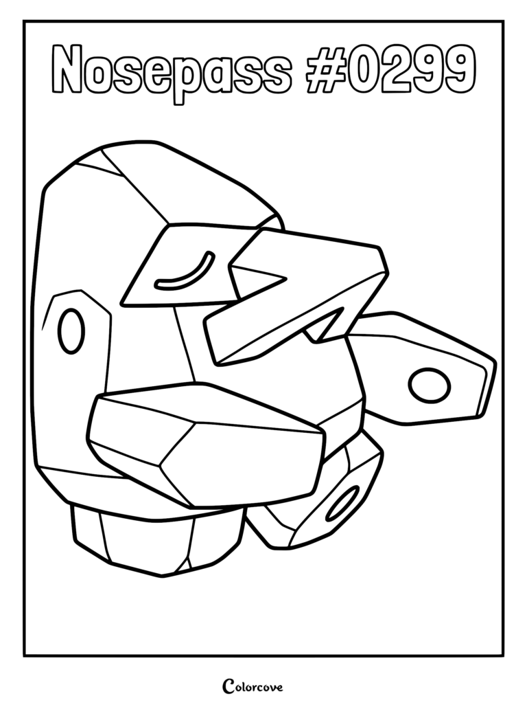 A printable coloring page featuring the Hoenn Pokemon Nosepass with its signature large nose and geometric rock-like body.